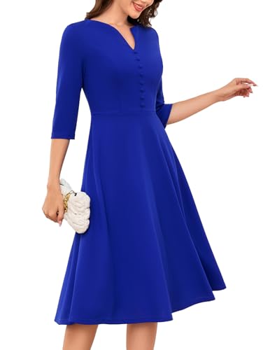 DRESSTELLS Cocktailkleid Damen Hochzeitgast Kirche Kleider mit 3/4 Ärmeln Vintage Swing Langarm Festliche Ballkleid Midi Party Freizeitkleid Royalblue M von DRESSTELLS