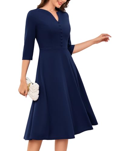 DRESSTELLS Cocktailkleid Damen Hochzeitgast Kirche Kleider mit 3/4 Ärmeln Vintage Swing Langarm Festliche Ballkleid Midi Petticoat Kleid Navy 2XL von DRESSTELLS