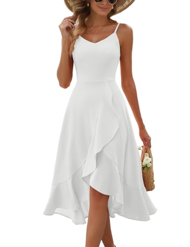 DRESSTELLS Cocktailkleid Damen Kleid Hochzeit Festlich Träger Hochtief Kleider Weiß Knielang Rüschensaum Sommerkleid Rückenfrei Curvy Elegantes Partykleid White M von DRESSTELLS