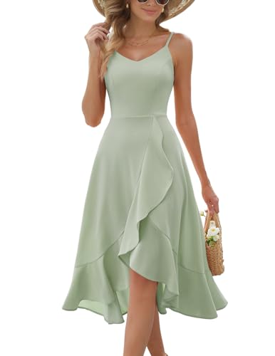 DRESSTELLS Cocktailkleid Damen Träger Hochtief Kleider Festliche Kleider für Hochzeitsgäste Grün Knielang Rüschensaum Sommerkleid Elegantes Partykleid LightGreen XL von DRESSTELLS