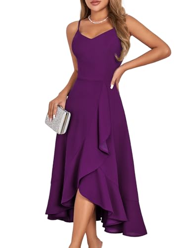DRESSTELLS Cocktailkleid Damen Träger Hochtief Midikleid Festliche Kleider für Hochzeitsgäste Knielang Rüschensaum Sommerkleid Elegantes Partykleid Grape L von DRESSTELLS