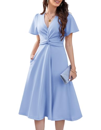DRESSTELLS Cocktailkleid Damen Vintage Festlich Kleider Blau Sommer V-Ausschnitt Plissee Taille Elegant Damen Formelle Hochzeit Gastkleider Blue XL von DRESSTELLS