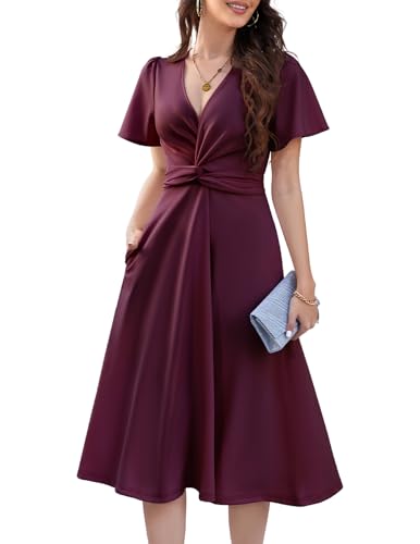 DRESSTELLS Cocktailkleid Damen Vintage Festlich Kleider Sommer V-Ausschnitt Plissee Taille Elegant Damen Formelle Hochzeit Gastkleider Burgundy S von DRESSTELLS