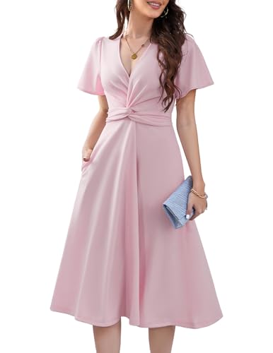 DRESSTELLS Cocktailkleid Damen Vintage Festlich Rosa Kleider Sommer V-Ausschnitt Plissee Taille Elegant Damen Formelle Hochzeit Gastkleider Pink XL von DRESSTELLS