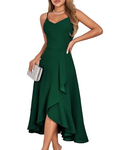 DRESSTELLS Cocktailkleid Träger Hochtief Festliches Kleid Damen Hochzeit Knielang Rüschensaum Sommerkleid Dunkelgrünes Etuikleid Große Größen Elegantes Partykleid DarkGreen 2XL von DRESSTELLS