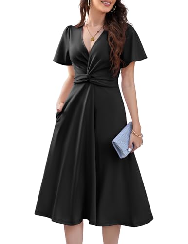 DRESSTELLS Cocktailkleid Damen Vintage Festlich Kleider Schwarz Sommer V-Ausschnitt Plissee Taille Elegant Damen Formelle Hochzeit Gastkleider Black L von DRESSTELLS