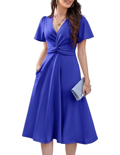 DRESSTELLS Cocktailkleid Damen Vintage Festlich Kleider Sommer V-Ausschnitt Plissee Taille Elegant Damen Formelle Hochzeit Gastkleider Royalblue XXL von DRESSTELLS