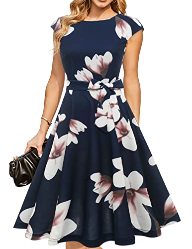 DRESSTELLS Cocktailkleider, bescheidenes Hochzeitsgästekleid, Herbstkleid, Freizeitkleid, Heimkehr und Abschlussball, Marineblaue Blume, M von DRESSTELLS