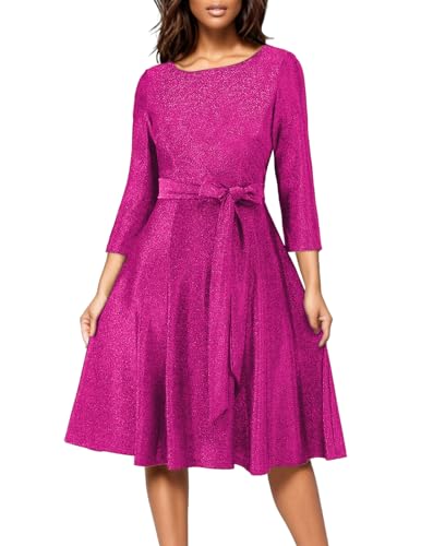 DRESSTELLS Damen 1950s Retro Kleid Elegant Swing A-Line Cocktailkleid Vintage Abendkleid Knielang Audrey Hepburn Kleideid Brautjungfer Faltenrock Glitter Rose XL von DRESSTELLS