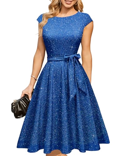 DRESSTELLS Cocktailkleider für Damen Hochzeitsgäste 2025 Glitzernde Pailletten Festtagskleider für Teenager, Modest Mother of Bride Kleid Glitter Royal Blue 2XL von DRESSTELLS