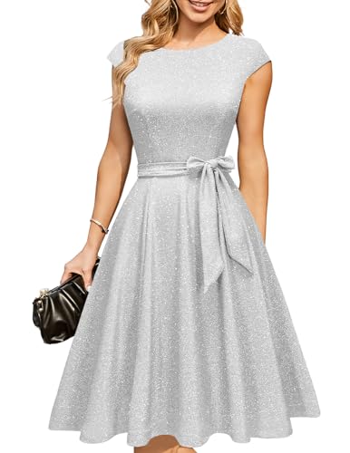 DRESSTELLS Cocktailkleider für Damen Hochzeitsgäste 2025 Sparkly Fit Flare Vintage Party Kleid, Pailletten Aline Modest Mother of Bride Midi Kleid Glitter Burgundisch M von DRESSTELLS