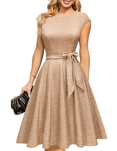 DRESSTELLS Cocktailkleider für Damen Hochzeitsgäste 2025 Sparkly Holiday Prom Party Kleid, Pailletten Aline Modest Mother of Bride Midi Kleid Glitter Champagne L von DRESSTELLS