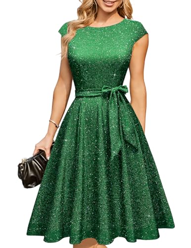 DRESSTELLS Cocktailkleider für Damen Hochzeitsgäste 2025 Sparkly Holiday Prom Party Kleid, Pailletten Aline Modest Mother of Bride Midi Kleid Glitter Green XL von DRESSTELLS