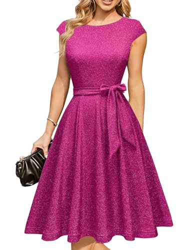 DRESSTELLS Cocktailkleider für Damen Hochzeitsgäste 2025 Sparkly Holiday Prom Party Kleid, Pailletten Aline Modest Mother of Bride Midi Kleid Glitter Rose S von DRESSTELLS