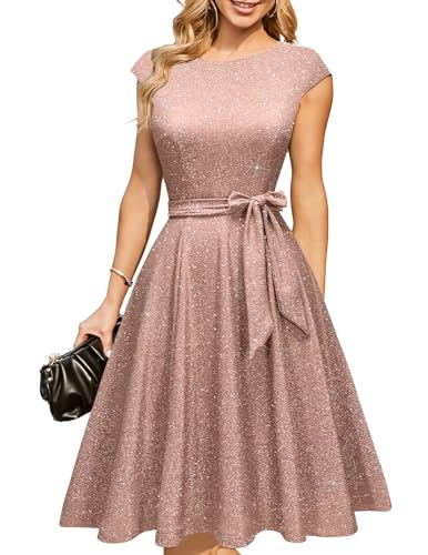 DRESSTELLS Cocktailkleider für Damen Hochzeitsgäste 2025 Sparkly Holiday Prom Party Kleid, Sequin Modest Mother of Bride Midi Kleid Glitter Purple Pink XL von DRESSTELLS