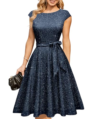 DRESSTELLS Cocktailkleider für Damen Hochzeitsgäste 2025 Sparkly Pailletten Festtagskleid für Teenager, Aline Modest Mother of Bride Kleid Glitter Navy 2XL von DRESSTELLS