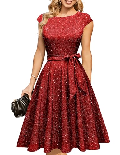 DRESSTELLS Cocktailkleider für Damen Hochzeitsgäste 2025 Sparkly Sequin Holiday Party Kleid for Teen, Aline Modest Mother of Bride Kleid Glitter Burgundy 2XL von DRESSTELLS