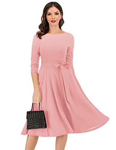 DRESSTELLS Damen Kleid Hochzeitgast Elegant Cocktailkleid Langarm Festliches Partykleid Brautmutterkleid mit Gurtel Retro Faltenrock Knielang Midilang Blush 3XL von DRESSTELLS