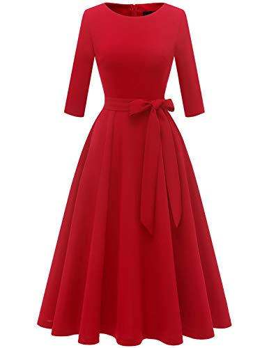 DRESSTELLS Damen 1950s Retro Vintage Rockabilly Kleid Festliches Partykleider Knielang 3/4 Arm Ballkleid Elegant Abendkleid A-Line Faltenrock Red 2XL von DRESSTELLS