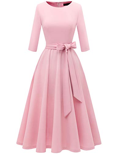 DRESSTELLS Damen Vintage Retro Kleid Rundausschnitt 3/4 Arm Cocktailkleid Elegant Abendkleid Festlich Ballkleid Swing A-Line Midilang Abendkleid Pink 3XL von DRESSTELLS