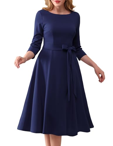 DRESSTELLS Damen Cocktailkleid Konfirmationskleider Festliche Partykleider Midilang Cocktailkleid Abendkleid mit Gurtel Retro Langarm Faltenrock Navy 2XL von DRESSTELLS