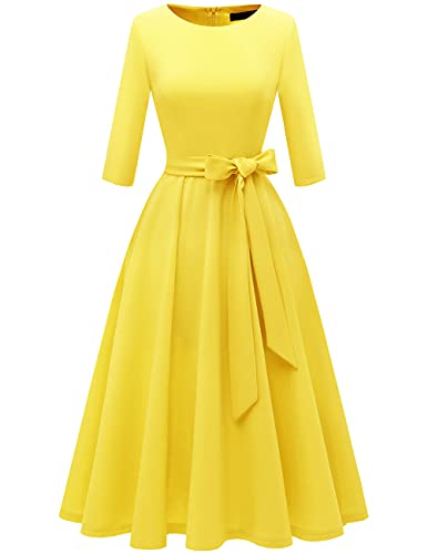 DRESSTELLS Damen Vintage Retro Kleider Elegant Swing A-Line Kleid Abendkleider Langarm Cocktailkleid Festlich Midilang Abendkleid kurz Yellow M von DRESSTELLS