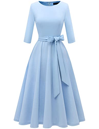 DRESSTELLS Damen Elegant Cocktailkleid Langarm Festlich Kleider Brautmutterkleid mit Gurtel Retro Faltenrock Knielang Midilang A-Linie Abendkleid Blue XL von DRESSTELLS