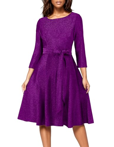 DRESSTELLS Damen 1950s Retro Kleid Elegant Swing A-Line Cocktailkleid Vintage Abendkleid Knielang Abendkleid Brautjungfer Faltenrock Glitter Grape XL von DRESSTELLS