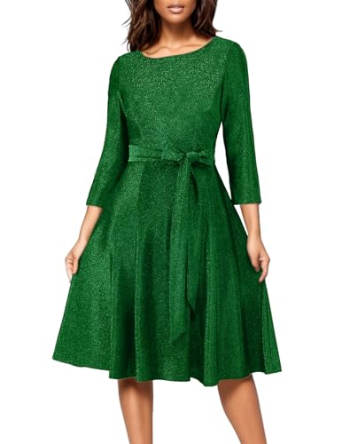 DRESSTELLS Damen 1950s Retro Kleid Elegant Swing A-Line Cocktailkleid Vintage Abendkleid Knielang Audrey Hepburn Kleideid Brautjungfer Faltenrock Glitter Green XL von DRESSTELLS