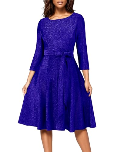 DRESSTELLS Damen 1950s Retro Kleid Elegant Swing A-Line Cocktailkleid Vintage Abendkleid Knielang Audrey Hepburn Kleideid Brautjungfer Faltenrock Glitter Royalblue XL von DRESSTELLS