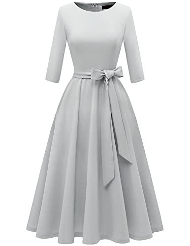 DRESSTELLS Damen 1950s Retro Vintage Rockabilly Kleid Festliches Partykleider Knielang 3/4 Arm Ballkleid Elegant Abendkleid A-Line Faltenrock Silver 2XL von DRESSTELLS