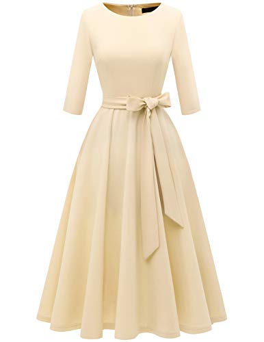 DRESSTELLS Damen Cocktailkleid Konfirmationskleider Festliche Partykleider Midilang Cocktailkleid Abendkleid mit Gurtel Retro Langarm Faltenrock Champagne 2XL von DRESSTELLS