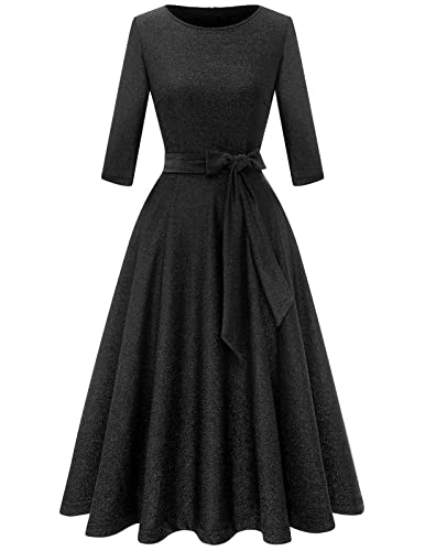 DRESSTELLS Damen 1950s Retro Vintage Rockabilly Kleid Sparkle Festliches Partykleider Knielang 3/4 Arm Ballkleid Elegant Abendkleid A-Line Faltenrock Glitter Black 2XL von DRESSTELLS