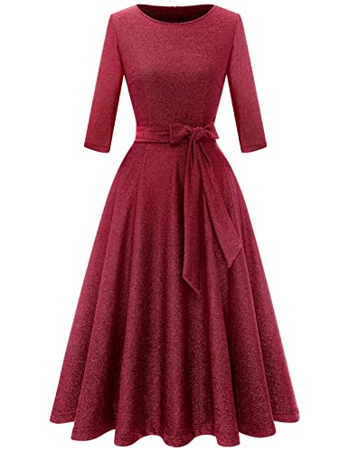 DRESSTELLS Damen 1950s Retro Vintage Rockabilly Kleid Sparkle Festliches Partykleider Knielang 3/4 Arm Ballkleid Elegant Abendkleid A-Line Faltenrock Glitter Burgundy 2XL von DRESSTELLS