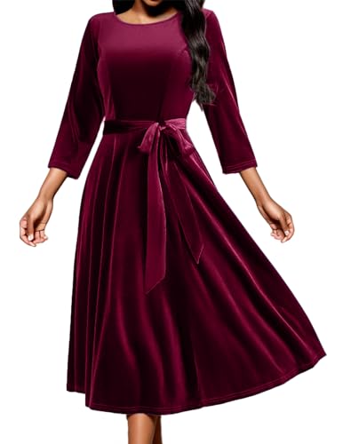 DRESSTELLS Damen Samtkleid 3/4 Arm Winterkleid Partykleid Cocktailkleid Einfarbig Maxikleider A-Line Festlich Kleid Velvet Burgundy S von DRESSTELLS