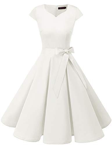 DRESSTELLS Festliche Kleider Knielang, Damen 1950er Vintage Retro Kleid Petticoat Rockabilly Kleid Cap Sleeves Cocktailkleider White 3XL von DRESSTELLS