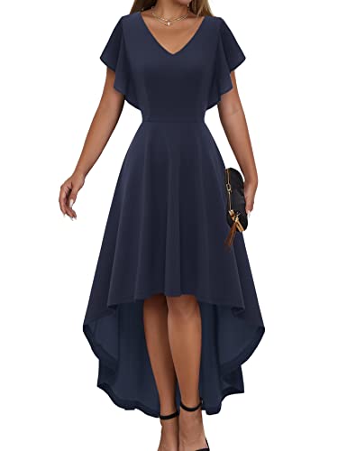 DRESSTELLS Damen Große Größe Abendkleid A-Linie Vintage Cocktailkleid Elegant Hi-Lo Ballkleid V-Ausschnitt Rüschen Midikleid Navy 3XL von DRESSTELLS