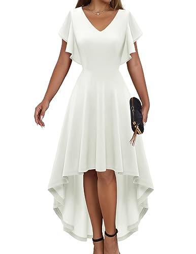 DRESSTELLS Elegant Hochzeitskleid Damen Große Größe Ballkleid Bescheiden Abendkleid Rockabilly Cocktailkleid Hi-Lo A-Linie Midikleid White 2XL von DRESSTELLS