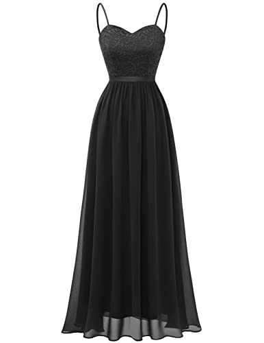 DRESSTELLS Damen Ärmellos Abendkleider Chiffon Spitzen Brautjungfernkleider Vintage Cockkleider Festlich Elegant Ballkleid mit Spaghettiträgern Black 2XL von DRESSTELLS