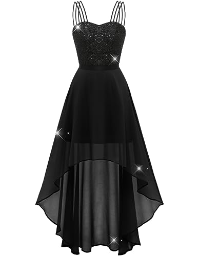 DRESSTELLS Damen Ärmellos Paillettenkleider Chiffon Spitzen Brautjungfernkleider Vintage Cockkleider Festlich Elegant Ballkleid mit Spaghettiträgern Black 2XL von DRESSTELLS