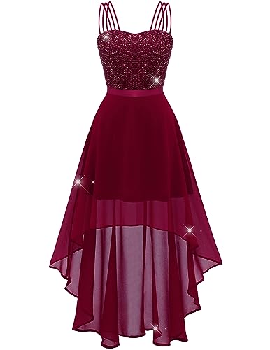 DRESSTELLS Damen Ärmellos Paillettenkleider Chiffon Spitzen Brautjungfernkleider Vintage Cockkleider Festlich Elegant Ballkleid mit Spaghettiträgern Burgundy 2XL von DRESSTELLS