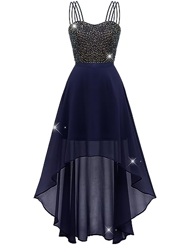 DRESSTELLS Damen Ärmellos Paillettenkleider Chiffon Spitzen Brautjungfernkleider Vintage Cockkleider Festlich Elegant Ballkleid mit Spaghettiträgern Navy 2XL von DRESSTELLS