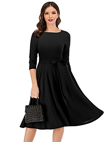 DRESSTELLS Damen Abendkleid 3/4 Arm Festliches Partykleid 1950s Retro Kleid Brautmutterkleid mit Gurtel Retro Faltenrock Knielang Midilang Abendkleid Black S von DRESSTELLS