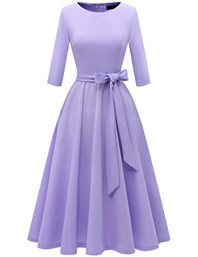 DRESSTELLS Damen Abendkleid 3/4 Arm Festliches Partykleid 1950s Retro Kleid Brautmutterkleid mit Gurtel Retro Faltenrock Knielang Midilang Abendkleid Lavender S von DRESSTELLS