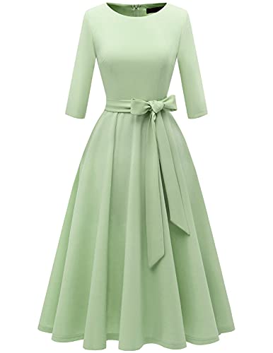 DRESSTELLS Damen Abendkleid 3/4 Arm Festliches Partykleid 1950s Retro Kleid Brautmutterkleid mit Gurtel Retro Faltenrock Knielang Midilang Abendkleid LightGreen S von DRESSTELLS