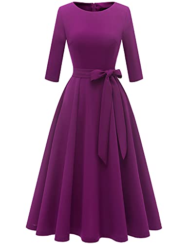 DRESSTELLS Damen Abendkleid 3/4 Arm Festliches Partykleid 1950s Retro Kleid Brautmutterkleid mit Gurtel Retro Faltenrock Knielang Midilang Abendkleid Purple S von DRESSTELLS