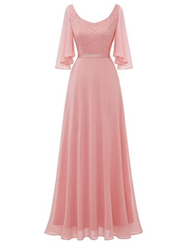 DRESSTELLS Damen Abendkleid Bodenlang Elegant für Hochzeit Chiffon Brautjungfernkleider Spitzen Cocktailkleid Große Größe Ballkleid Blush XL von DRESSTELLS