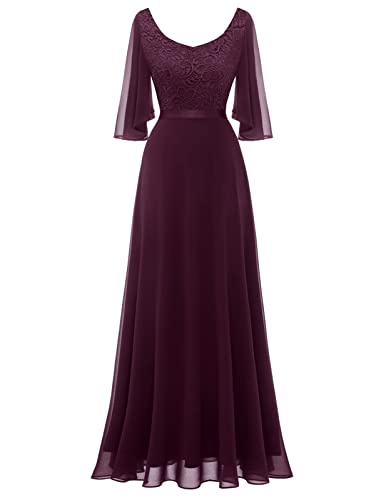 DRESSTELLS Damen Abendkleid Bodenlang Elegant für Hochzeit Chiffon Brautjungfernkleider Spitzen Cocktailkleid Große Größe Ballkleid Burgundy XL von DRESSTELLS