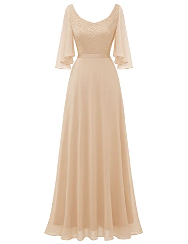 DRESSTELLS Damen Abendkleid Bodenlang Elegant für Hochzeit Chiffon Brautjungfernkleider Spitzen Cocktailkleid Große Größe Ballkleid Champagne XL von DRESSTELLS