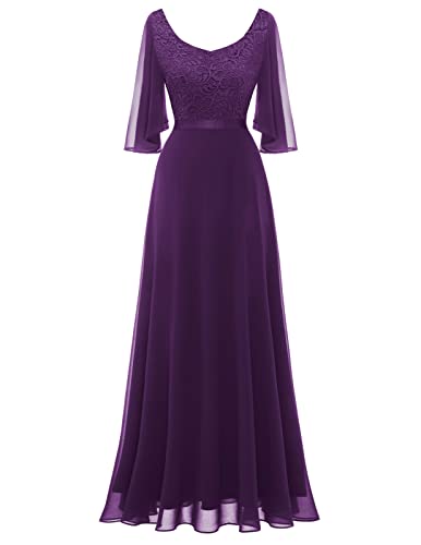 DRESSTELLS Damen Abendkleid Bodenlang Elegant für Hochzeit Chiffon Brautjungfernkleider Spitzen Cocktailkleid Große Größe Ballkleid Grape XL von DRESSTELLS